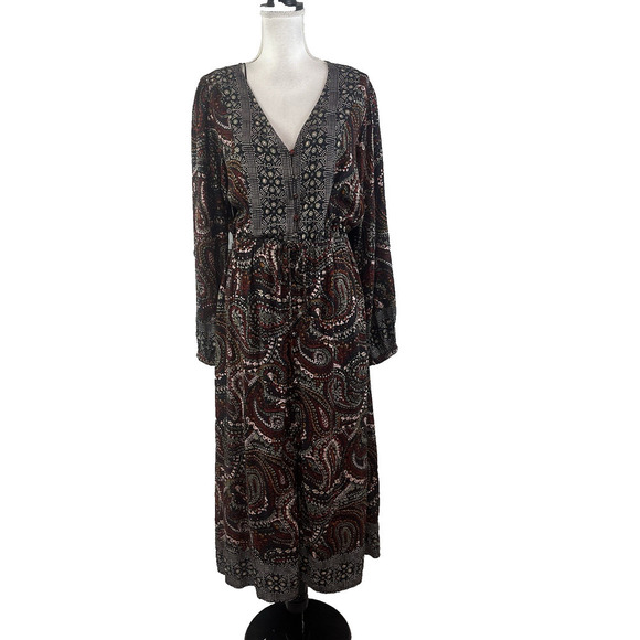 Knox Rose Dress sz Medium Navy Blue Gold Red Paisley Boho Modest Peasant Prairie - Picture 1 of 16